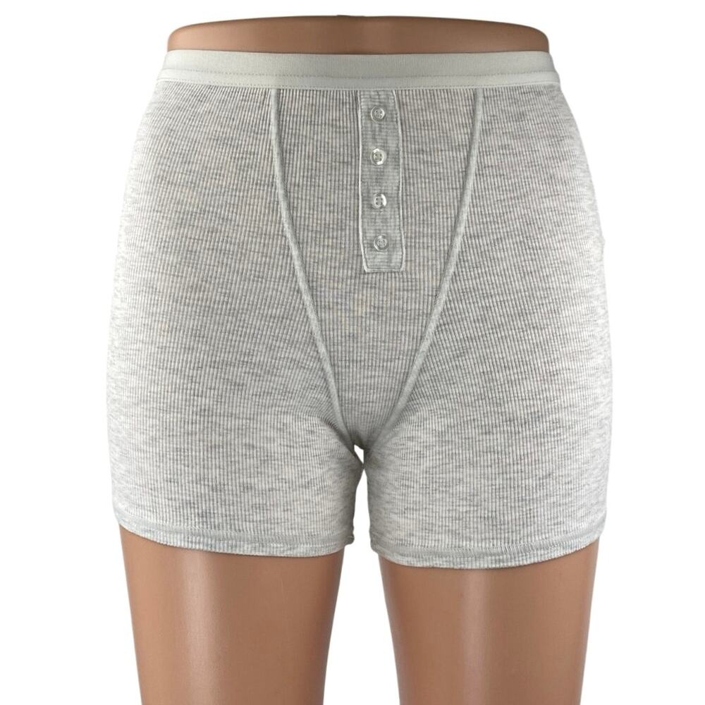 WeWoreWhat Women's Gray Rib Knit High Waist Button Boxer Lounge Sleep Shorts S